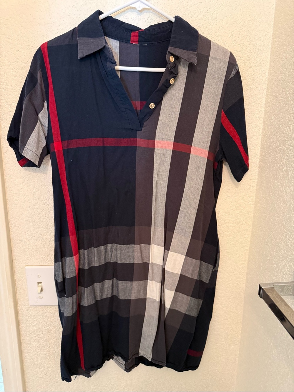 Woven Plaid Tunic Top - Navy with Red & Gray Stripes
